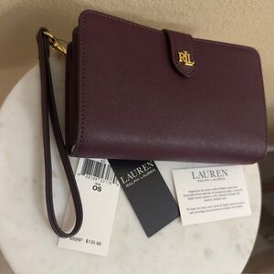 NWT Lauren RALPH LAUREN Classic Crosshatch Leather Tech Burgundy Wristlet Wallet